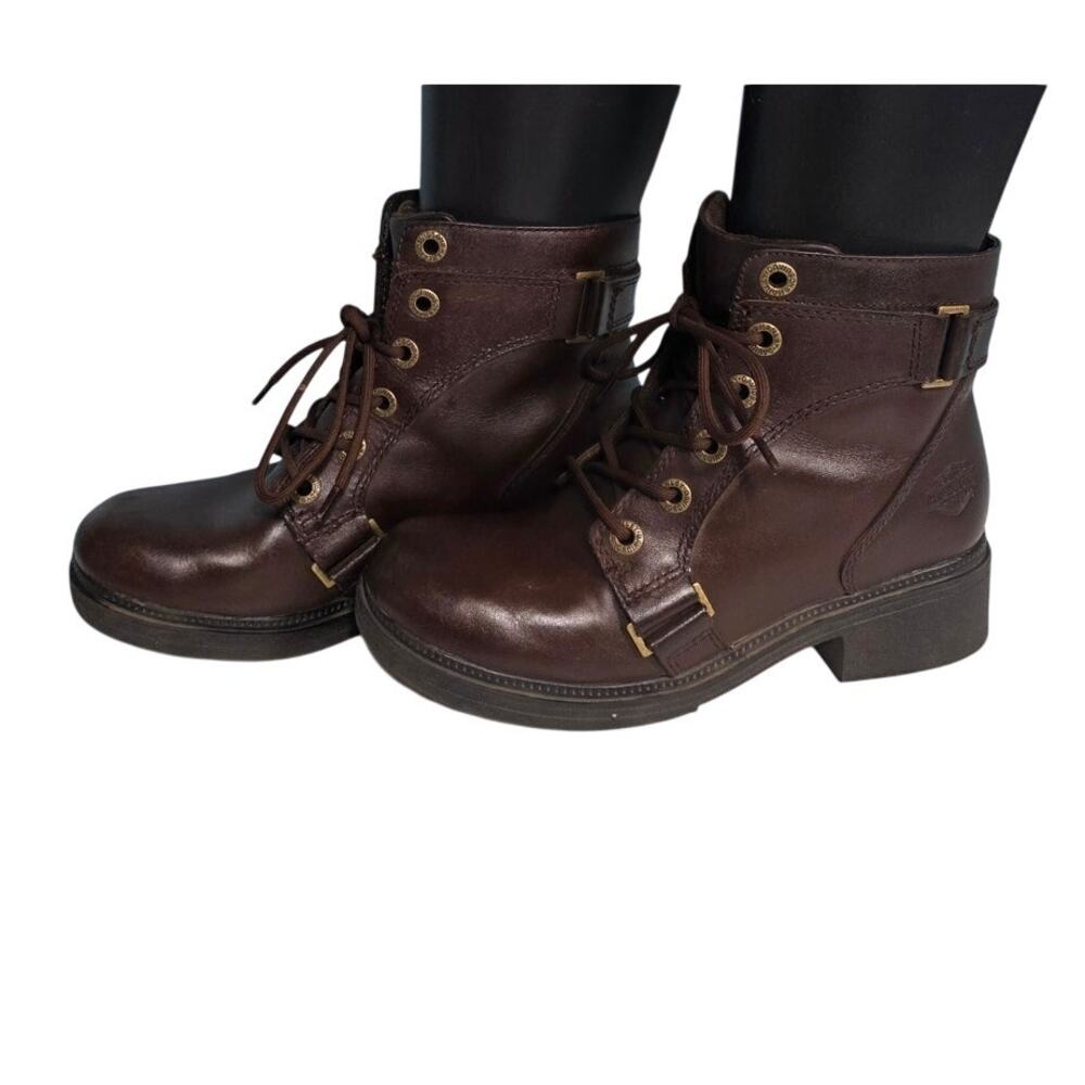 Harley Davidson Brown Leather Buckle Lace Up Moto Biker Boots Women's Approx 10